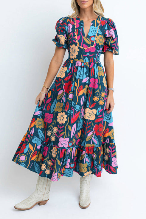 Retro Floral Printed Split Neck Maxi Dress